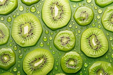 Fototapeta premium Vibrant sliced kiwi fruits with fresh water droplets close-up