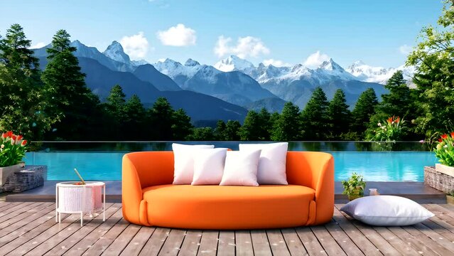 Summer view with a beautiful lake dotted with seating sopa Seamless looping 4k time-lapse animation video background