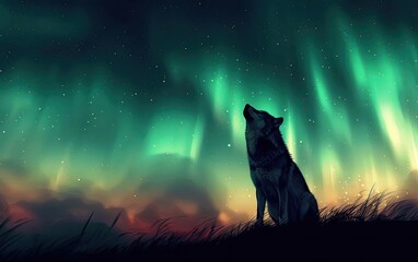 Majestic wolf silhouette under the glowing Northern Lights, capturing the serene beauty of wildlife and nature's nighttime spectacle.