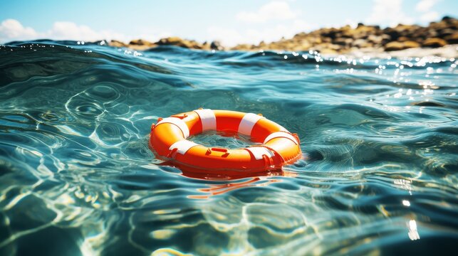 Lifebuoy floating in the sea with blue sky