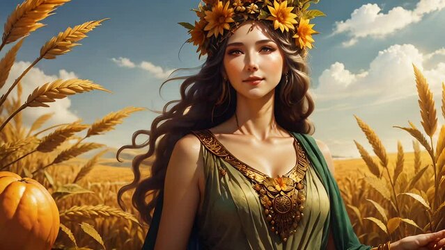 Demeter, harvest goddess, standing in a golden wheat field with a sunflower crown and flowing dress. Generative AI animation