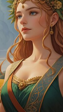 Demeter, harvest goddess, standing in a golden wheat field with a sunflower crown and flowing dress. Generative AI vertical animation