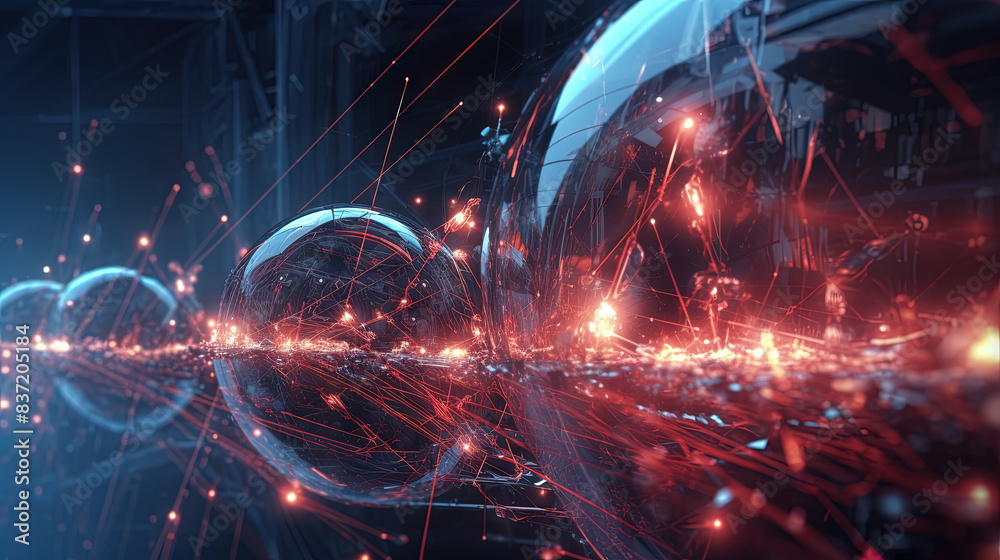 Poster Abstract technology burst with glowing wires and particles in motion. Technology and science dynamic background.