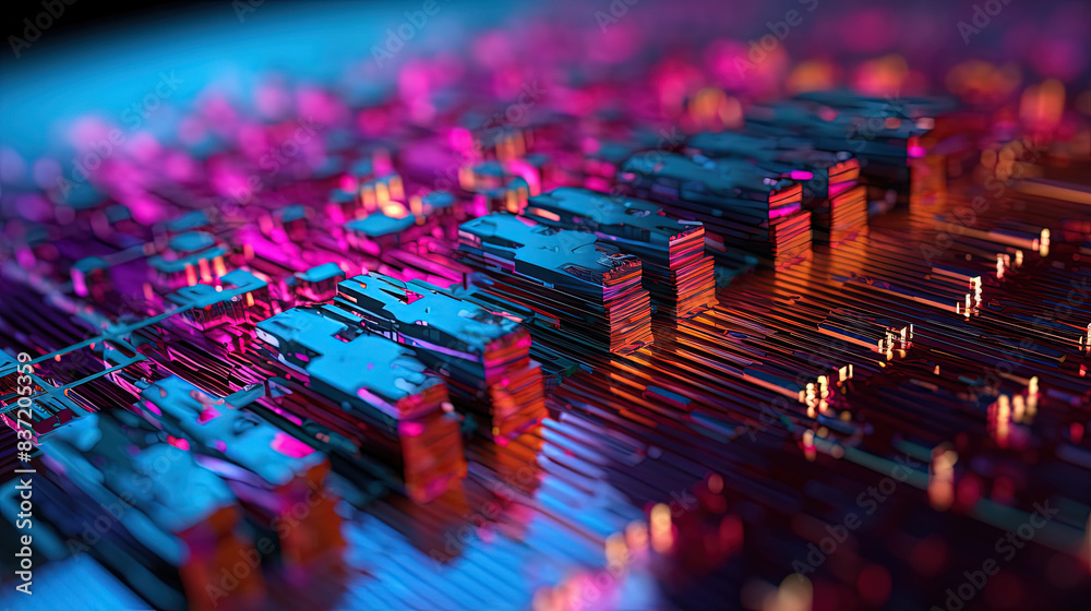 Aufkleber abstract motherboard structure with blocks and chips in purple and blue neon lights. technology back
