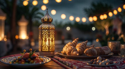Ramadan lantern and food setup on outdoor table with lights