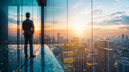 Fototapeta premium Businessman looking out window at city skyline during sunset