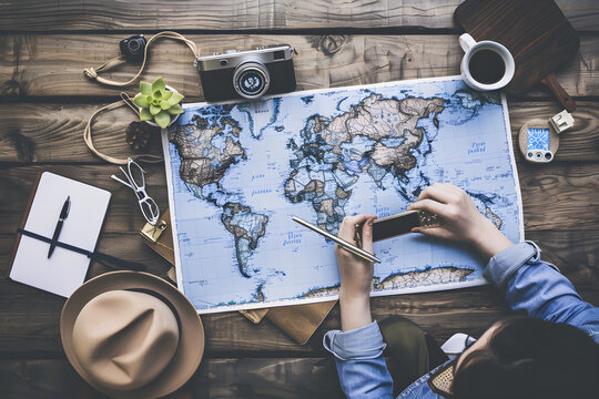 Vista aérea de las manos que planean un viaje con espacio de diseño