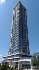Obraz premium Completed residential skyscraper with balconies and glass railings