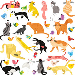 Seamless Pattern Cats and Birds