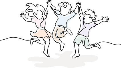 Happy jumping children holding hands. Continuous one line drawing