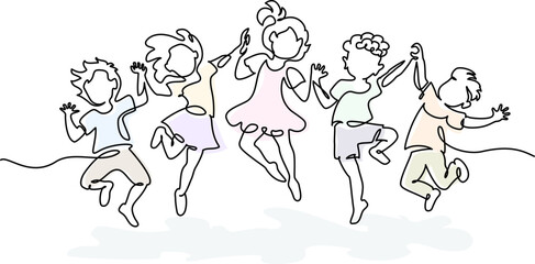 Happy jumping children holding hands. Continuous one line drawing