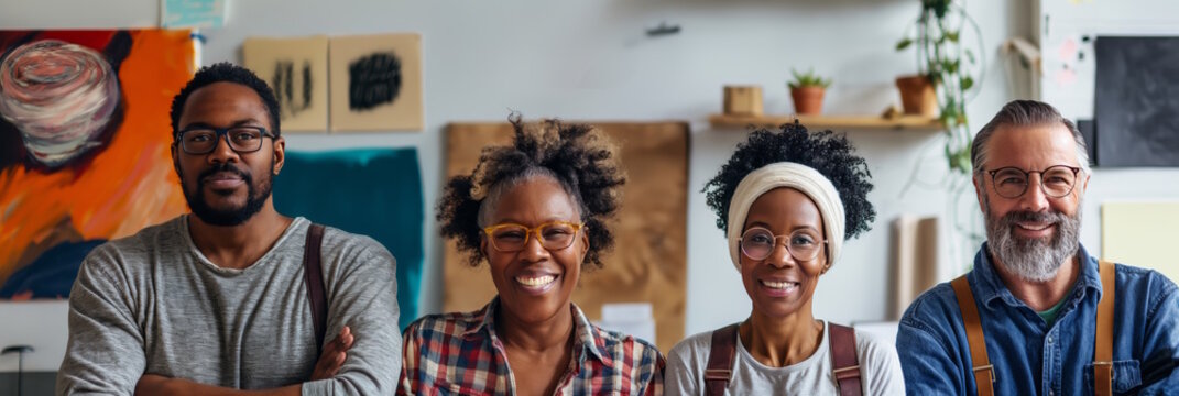 Diverse group of artists in a studio smiling at the camera. Concept of community, creativity, and diversity