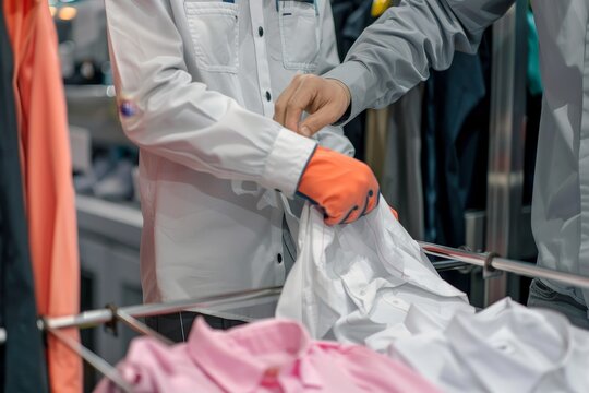Dry cleaning professional returning freshly laundered shirts to satisfied customer
