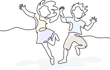 Happy jumping children holding hands. Continuous one line drawing