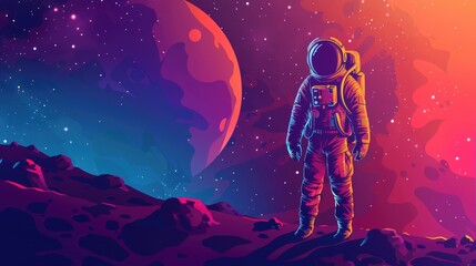 Obraz premium Astronaut on colorfull bright surface with space background. Astronaut walk on the moon wear cosmosuit.