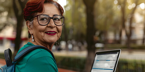 estudiante mujer latina hermosa de 40 años docente en tecnología educativa con laptop