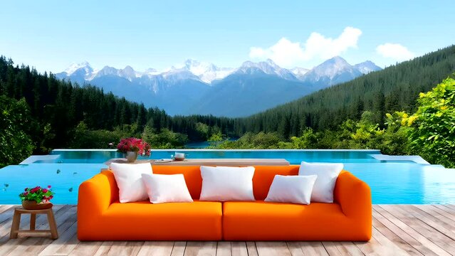 Summer view with a beautiful lake dotted with seating sopa Seamless looping 4k time-lapse animation video background