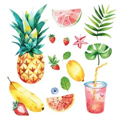 Fresh Summer Fruits and Refreshing Drinks with Watercolor Illustrations