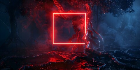 Illuminated Abstract Roots Neon Red Light Square on Dark. Concept Neon Art, Abstract Photography, Roots Inspiration, Red Light Design, Dark Environment