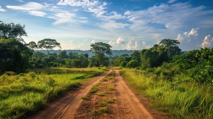Dirt road in the middle of a tropical forest. - Powered by Adobe