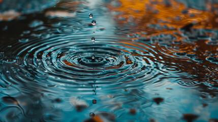 Water Drop Leaves and Tranquil Ripples: An Autumn Puddle Scene