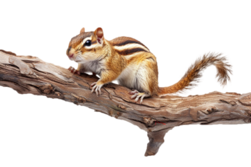 A chipmunk on top of an old tree branch, isolated transparent background, png, cutout