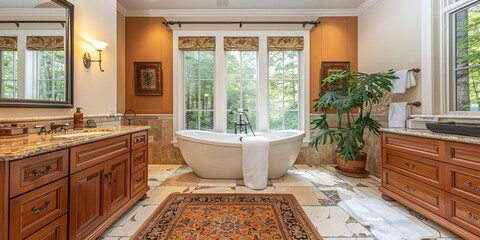Spacious bathroom with bathtub and dresser table