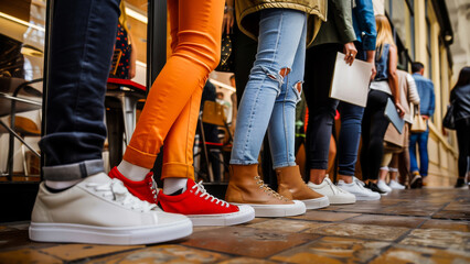 Group of trendy people wearing stylish sneakers standing on a city sidewalk. Casual and modern urban fashion.
