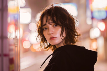 Portrait of a young woman in a casual black outfit posing on a city street at night amidst neon lights.