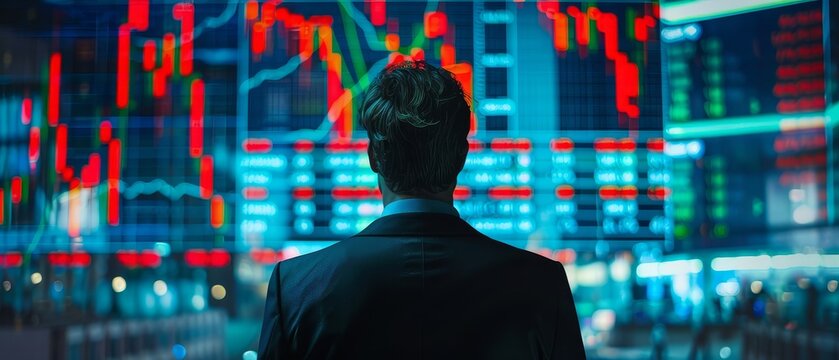 Businessman looking at the stock market data on a large screen.
