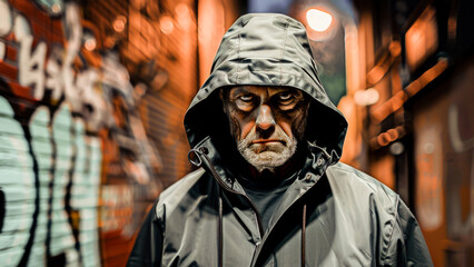 Obraz premium A stern, hooded elderly man stands in an alley with graffiti-covered walls, showing a tough, intense expression under dramatic lighting.