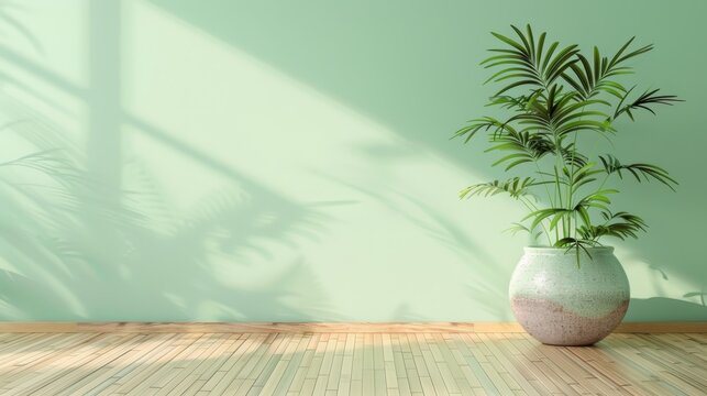 fresh background with a pale mint green wall and light bamboo flooring for a natural, calming effect.