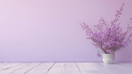 spacious background with a light lavender wall and light ash flooring for a soft, airy environment.