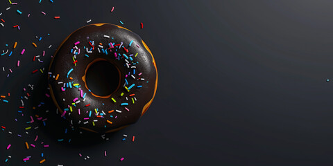 Donut with dark chocolate glaze rainbow sprinkles on black background. Banner, copy space