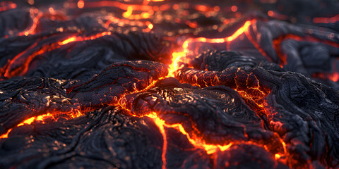  Magma scorched rock floor with molten rocks and lava cracks, Flowing lava from volcanic eruption background 
