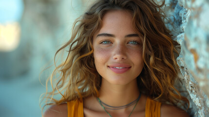 Fototapeta premium Teenage girl with brunette long hair and blue eyes with big lips and perfect nose