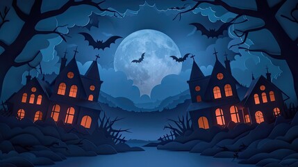 Illustration of a spooky Halloween night with haunted houses, bats, a full moon, and eerie trees creating a classic eerie atmosphere.