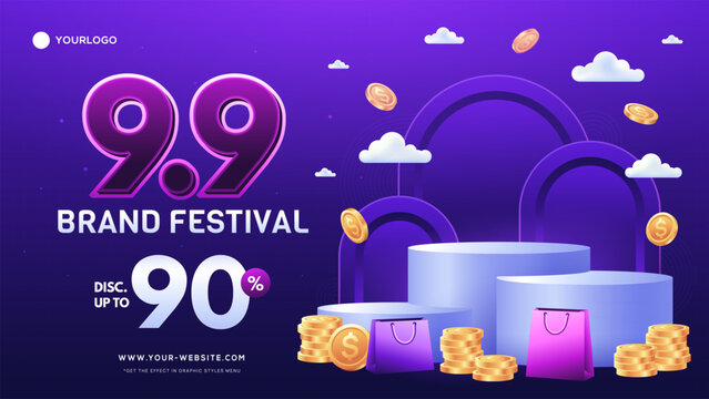 9.9 Shopping day sale poster or flyer design with podium scene for social media and website.
