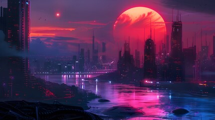 Obraz premium Crimson Sunset Over Futuristic City with Neon Lights
