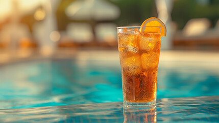 A chilled glass of iced tea with ice cubes placed on the edge of a serene swimming pool reflecting the bright sunlight