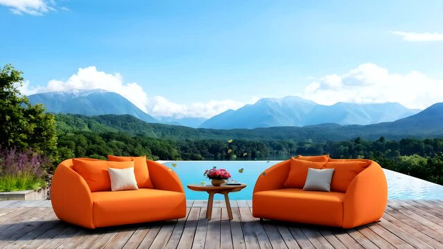 Summer view with a beautiful lake dotted with seating sopa Seamless looping 4k time-lapse animation video background