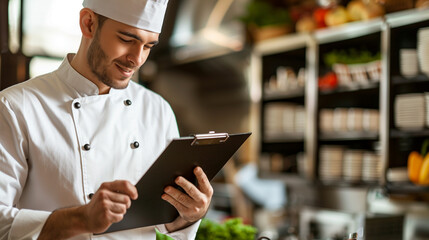 A chef with a clipboard who inspects the quality of dishes. His precise analysis and determined facial expression emphasize his attention to perfection and concern for guest satisfaction.