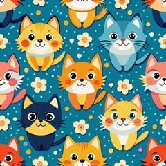Seamless pattern with cute and funny cats.  An idea for print t-shirts, kids envelopes, posters, postcards, books
