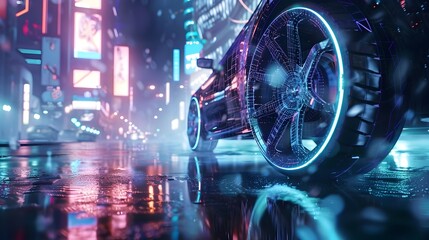 Obraz premium Holographic Patterned Automotive Wheel in a Futuristic Cityscape