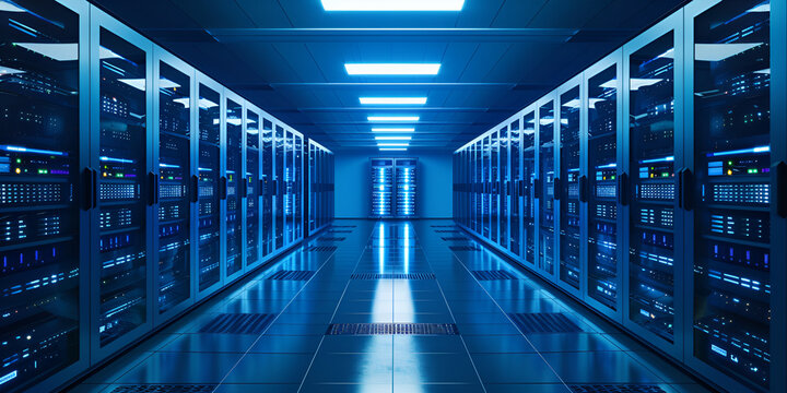  Empty Server Room with Blue Lights | Modern Data Center Infrastructure