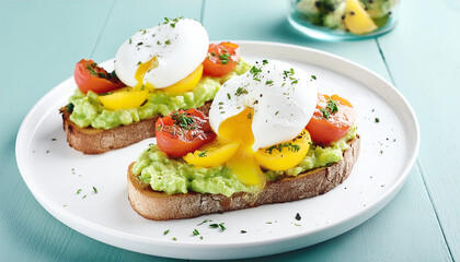 Avocado toast with grilled tomatoes and a poached egg. 
