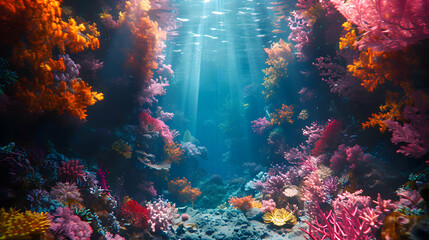 A vibrant nature underwater cave landscape with colorful coral and marine life