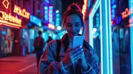 Obraz premium Beautiful Young Woman Using Smartphone Walking Through Night City Street Full of Neon Light