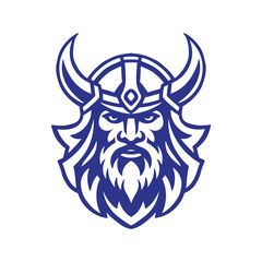 Fototapeta premium Head of bearded viking warrior with horned helmet. Logo man with a beard.