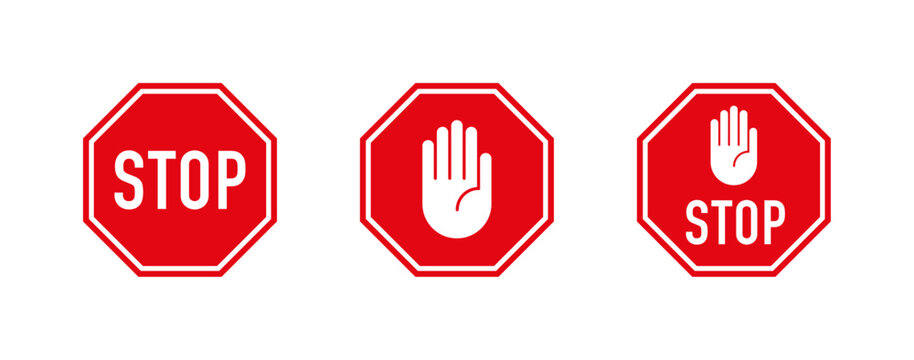 Red stop sign. White text and hand symbol on red traffic sign. Vector illustration.